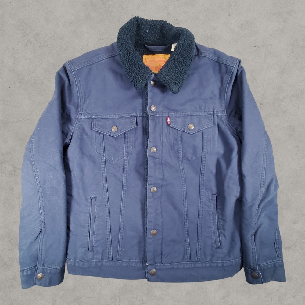 Levi's Trucker Jacket Mens Large Navy Blue Sherpa Lined Cotton Canvas Workwear - Picture 1 of 8